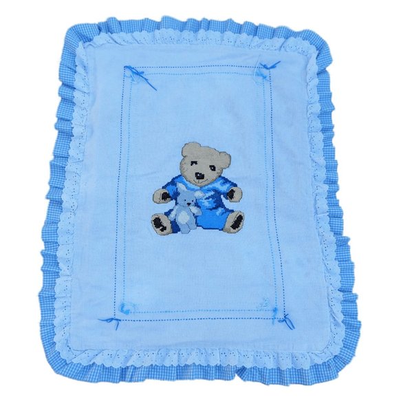 Vintage Homemade Cross Stitch Baby Crib Blanket Ruffle Lace Border Teddy Bear